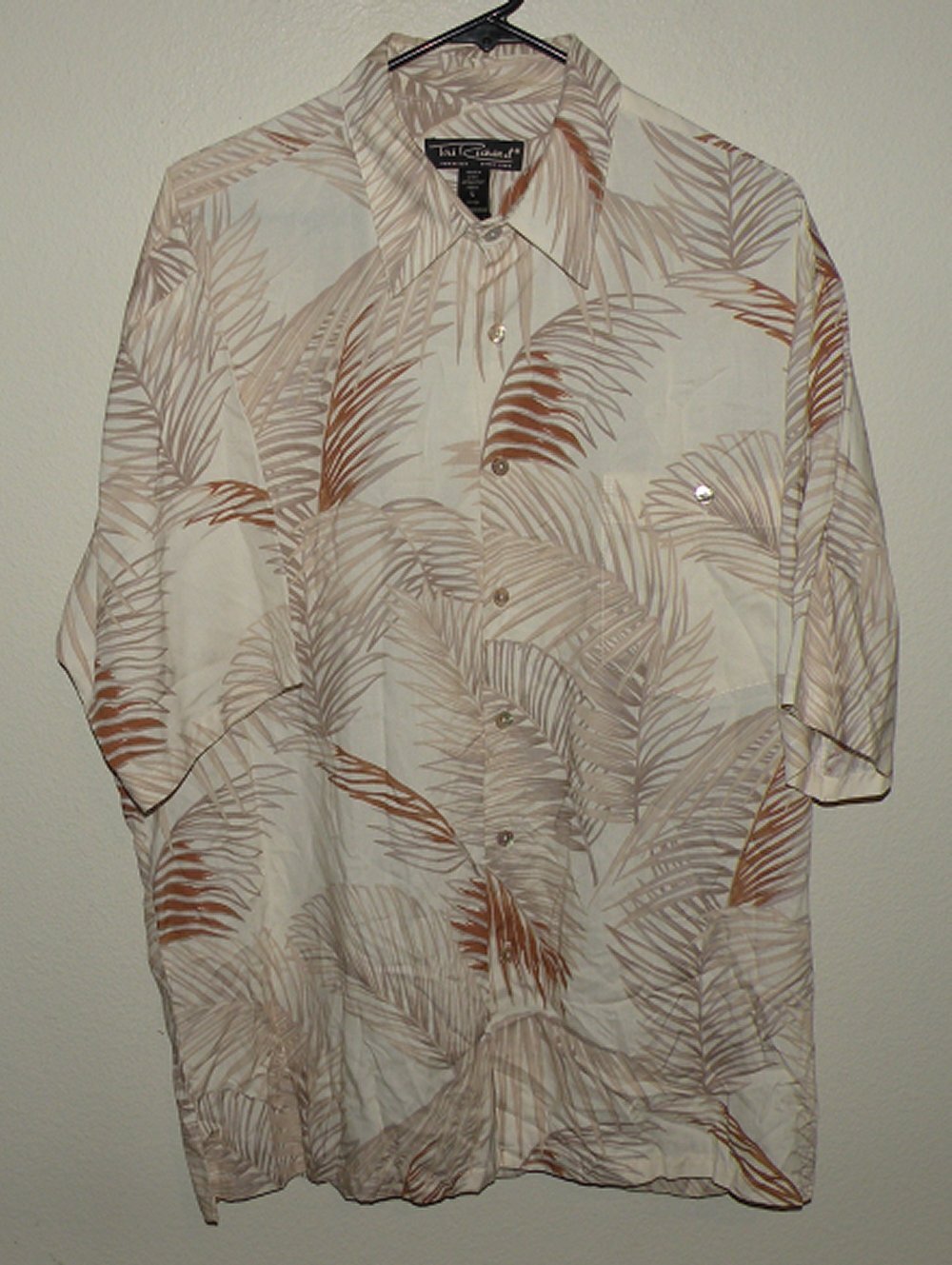 Tori Richard Mens Large SS Button Shirt 100% Viscose Beige Palm Leaf Pattern USA